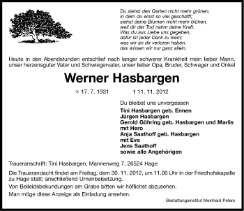 Traueranzeige von Werner Hasbargen von Ostfriesischer Kurier