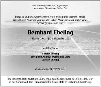 Traueranzeige von Bernhard Ebeling von Ostfriesischer Kurier