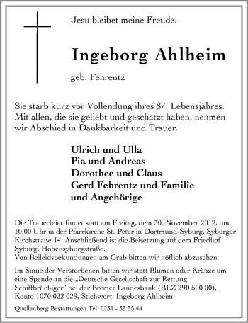 Traueranzeige von Ingeborg Ahlheim von Ostfriesischer Kurier