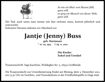 Traueranzeige von Jantje Buss von Ostfriesischer Kurier