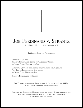 Traueranzeige von Job Ferdinand von Strantz von Ostfriesischer Kurier