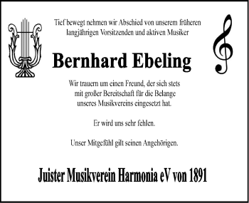 Traueranzeige von Bernhard Ebeling von Ostfriesischer Kurier