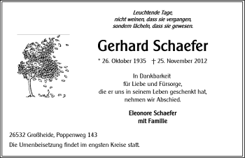 Traueranzeige von Gerhard Schaefer von Ostfriesischer Kurier