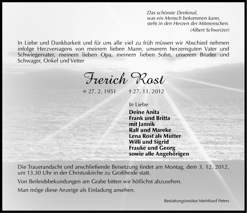  Traueranzeige für Frerich Rost vom 28.11.2012 aus Ostfriesischer Kurier