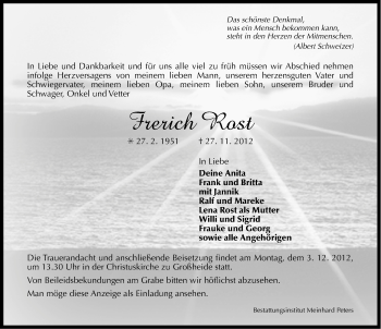 Traueranzeige von Frerich Rost von Ostfriesischer Kurier