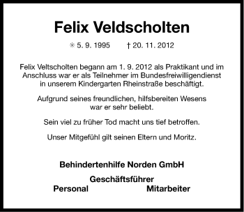 Traueranzeige von Felix Veldscholten von Ostfriesischer Kurier