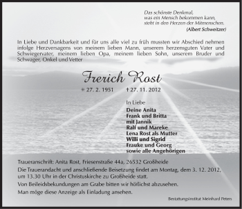 Traueranzeige von Frerich Rost von Ostfriesischer Kurier