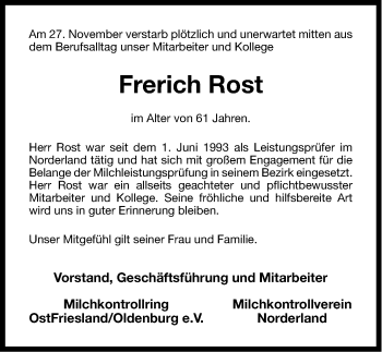 Traueranzeige von Frerich Rost von Ostfriesischer Kurier