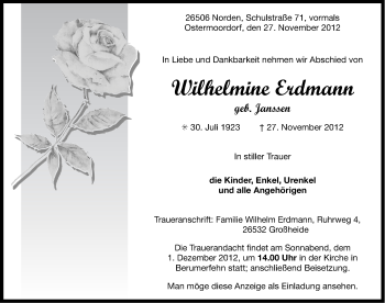 Traueranzeige von Wilhelmine Erdmann von Ostfriesischer Kurier