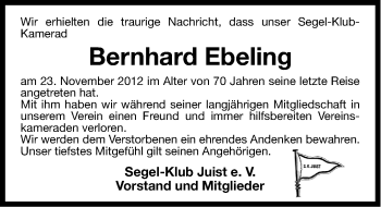 Traueranzeige von Bernhard Ebeling von Ostfriesischer Kurier