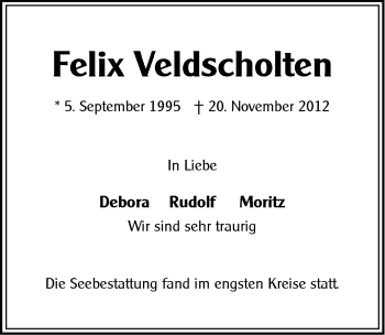 Traueranzeige von Felix Veldscholten von Ostfriesischer Kurier