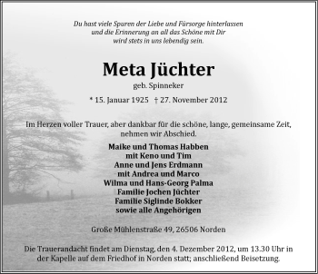Traueranzeige von Meta Jüchter von Ostfriesischer Kurier