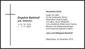 Traueranzeige von Engeline Barkhoff von Ostfriesischer Kurier