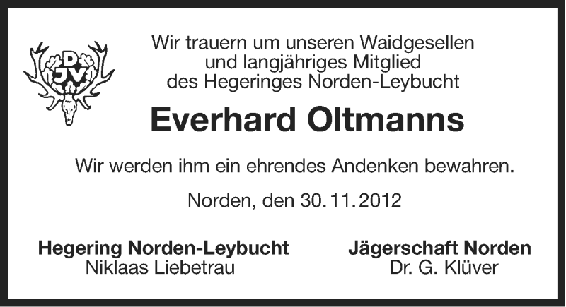  Traueranzeige für Everhard Oltmanns vom 30.11.2012 aus Ostfriesischer Kurier