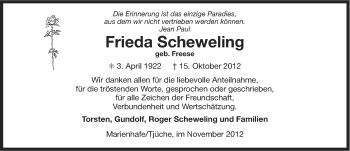 Traueranzeige von Frieda Scheweling von Ostfriesischer Kurier
