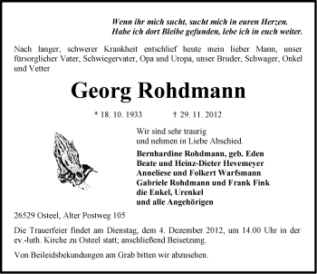 Traueranzeige von Georg Rohdmann von Ostfriesischer Kurier