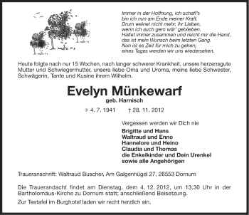 Traueranzeige von Evelyn Münkewarf von Ostfriesischer Kurier