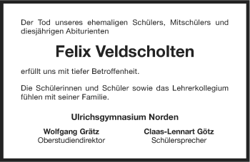 Traueranzeige von Felix Veldscholten von Ostfriesischer Kurier