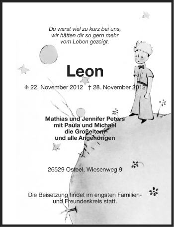 Traueranzeige von Leon Peters von Ostfriesischer Kurier