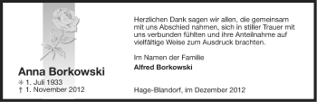 Traueranzeige von Anna Borkowski von Ostfriesischer Kurier