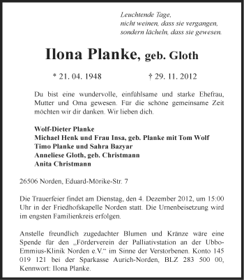 Traueranzeige von Ilona Planke von Ostfriesischer Kurier