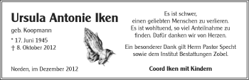 Traueranzeige von Ursula Antonie Iken von Ostfriesischer Kurier