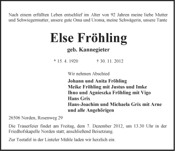 Traueranzeige von Else FrÃ¶hling von Ostfriesischer Kurier