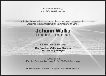 Traueranzeige von Johann Wallis von Ostfriesischer Kurier