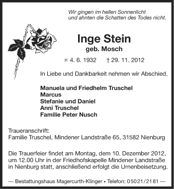 Traueranzeige von Inge Stein von Ostfriesischer Kurier