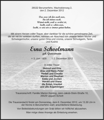 Traueranzeige von Erna Schoolmann von Ostfriesischer Kurier