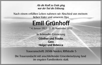 Traueranzeige von Emil Grünhoff von Ostfriesischer Kurier