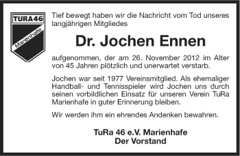 Traueranzeige von Jochen Ennen von Ostfriesischer Kurier