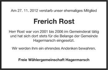 Traueranzeige von Frerich Rost von Ostfriesischer Kurier