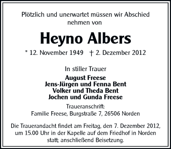 Traueranzeige von Heyno Albers von Ostfriesischer Kurier