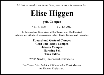 Traueranzeige von Elise Higgen von Ostfriesischer Kurier