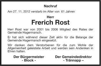 Traueranzeige von Frerich Rost von Ostfriesischer Kurier