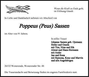Traueranzeige von Poppeus Sassen von Ostfriesischer Kurier