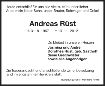Traueranzeige von Andreas Rüst von Ostfriesischer Kurier