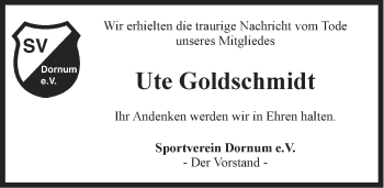 Traueranzeige von Ute Goldschmidt von Ostfriesischer Kurier