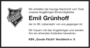 Traueranzeige von Emil Grünhoff von Ostfriesischer Kurier