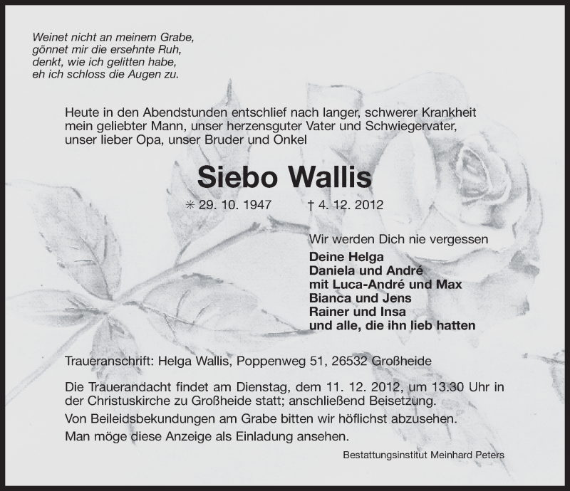  Traueranzeige für Siebo Wallis vom 06.12.2012 aus Ostfriesischer Kurier