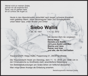Traueranzeige von Siebo Wallis von Ostfriesischer Kurier