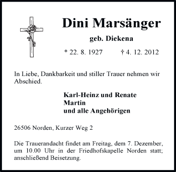 Traueranzeige von Dini Marsänger von Ostfriesischer Kurier