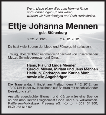 Traueranzeige von Ettje Johanna Mennen von Ostfriesischer Kurier