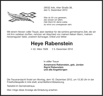 Traueranzeige von Heye Rabenstein von Ostfriesischer Kurier