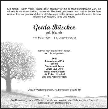 Traueranzeige von Gerda BÃ¼scher von Ostfriesischer Kurier