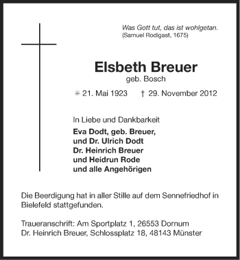 Traueranzeige von Elsbeth Breuer von Ostfriesischer Kurier