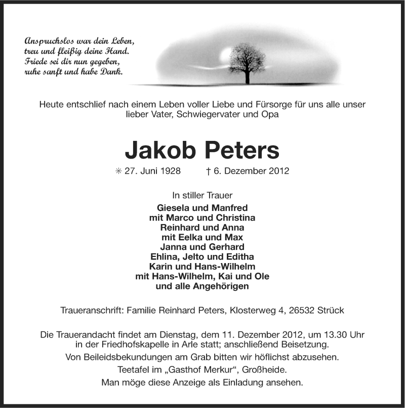  Traueranzeige für Jakob Peters vom 07.12.2012 aus Ostfriesischer Kurier