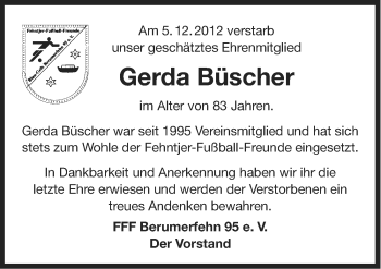 Traueranzeige von Gerda BÃ¼scher von Ostfriesischer Kurier