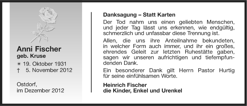  Traueranzeige für Anni Fischer vom 08.12.2012 aus Ostfriesischer Kurier
